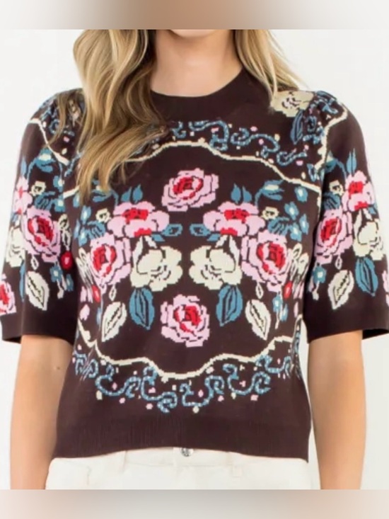 THML Tops - THML Brown Floral Jacquard Rose Short Sleeve Sweater Whimsical Preppy Top Size S